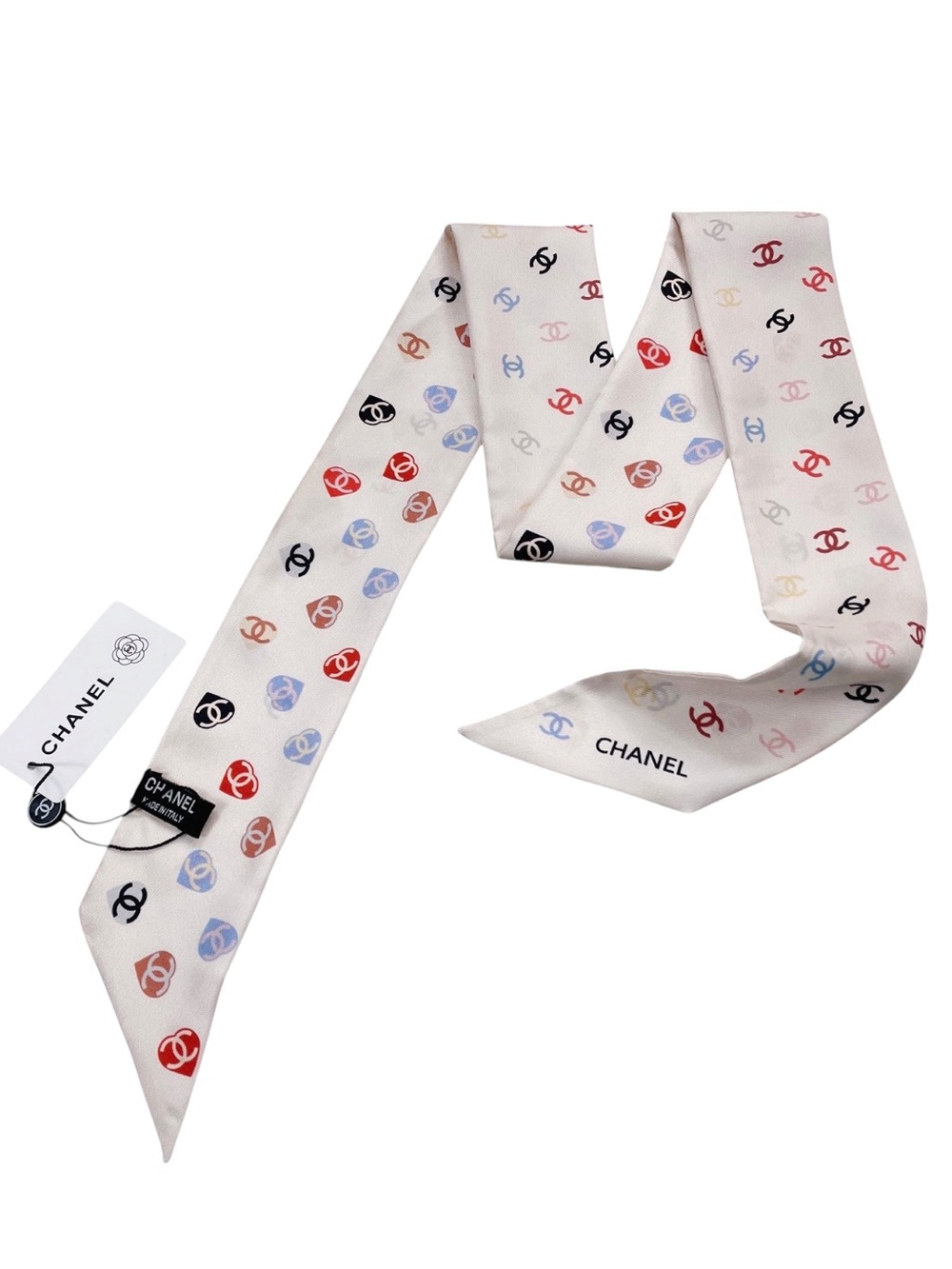 White Multi- Color Letter C  Heart Logo Twilly/ Muffler Scarf 100% Silk